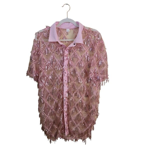 Pink Sequined Fringe Sheer Short Sleeve Party Festival Unisex Snap Shirt Size XL - Picture 2 of 11
